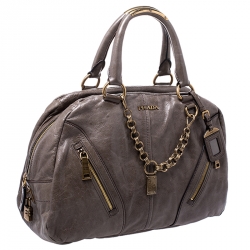 Pre Owned Prada Olive Green Leather Front Zip Boston Bag