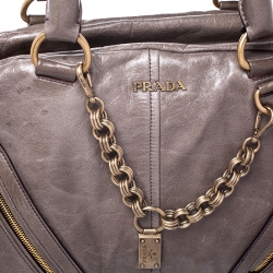 Pre Owned Prada Olive Green Leather Front Zip Boston Bag