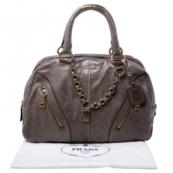 Pre Owned Prada Olive Green Leather Front Zip Boston Bag