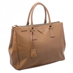 Pre Owned Prada Caramel Saffiano Lux Leather Large Double Zip Tote