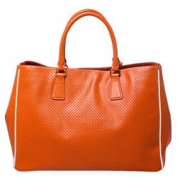 Pre Owned Prada Orange Perforated Saffiano Lux Leather Large Gardener's Tote
