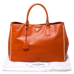 Pre Owned Prada Orange Perforated Saffiano Lux Leather Large Gardener's Tote