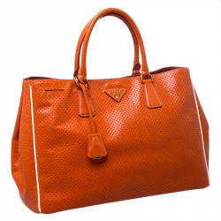 Pre Owned Prada Orange Perforated Saffiano Lux Leather Large Gardener's Tote