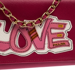 Pre Owned Prada Pink Saffiano Lux Leather Love Wallet on Chain
