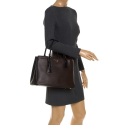 Pre Owned Prada Brown/Black Saffiano Leather Small Galleria Tote