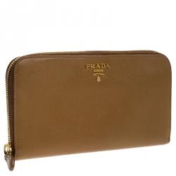 Pre Owned Prada Caramel Saffiano Lux Leather Zip Around Wallet