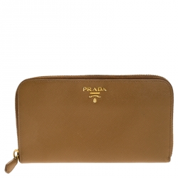 Pre Owned Prada Caramel Saffiano Lux Leather Zip Around Wallet