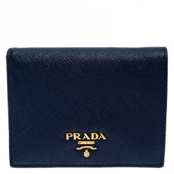 Pre Owned Prada Blue Saffiano Leather Compact Flap Wallet