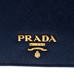 Pre Owned Prada Blue Saffiano Leather Compact Flap Wallet
