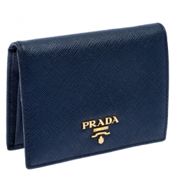 Pre Owned Prada Blue Saffiano Leather Compact Flap Wallet