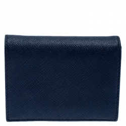 Pre Owned Prada Blue Saffiano Leather Compact Flap Wallet
