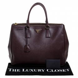 Pre Owned Prada Burgundy Saffiano Lux Leather Large Double Zip Tote