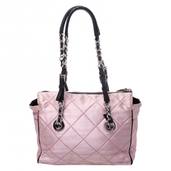 Pre Owned Prada Light Pink/Black Quilted Satin Chain Shoulder Bag