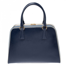 Pre Owned  Prada Navy Blue Saffiano Lux Patent Leather Frame Top Handle Bag 