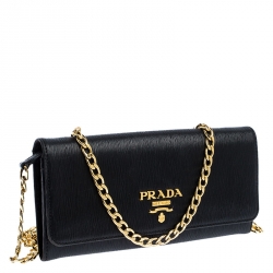 Pre Owned Prada Black Vitello Move Leather Borsa Portafoglio Chain Bag