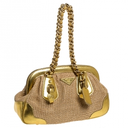 Pre Owned Prada Metallic Gold Straw and Leather Frame Bag