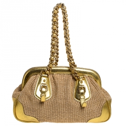 Pre Owned Prada Metallic Gold Straw and Leather Frame Bag