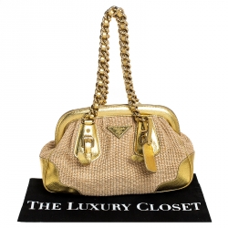 Pre Owned Prada Metallic Gold Straw and Leather Frame Bag