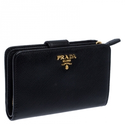 Pre Owned Prada Black Saffiano Leather Zip Around Compact Wallet