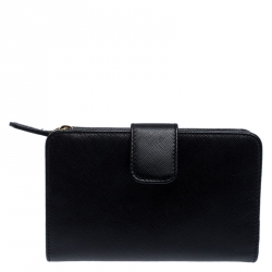 Pre Owned Prada Black Saffiano Leather Zip Around Compact Wallet