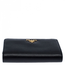 Pre Owned Prada Black Saffiano Leather Zip Around Compact Wallet