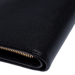 Pre Owned Prada Black Saffiano Leather Zip Around Compact Wallet