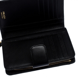 Pre Owned Prada Black Saffiano Leather Zip Around Compact Wallet