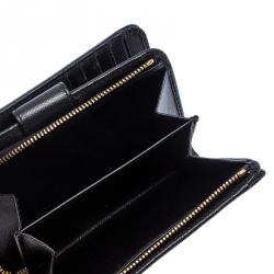 Pre Owned Prada Black Saffiano Leather Zip Around Compact Wallet