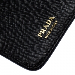 Pre Owned Prada Black Saffiano Leather Zip Around Compact Wallet