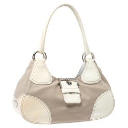 Prada White Leather and Canvas Shoulder Bag
