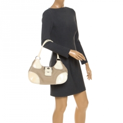 Pre Owned Prada White Leather and Canvas Shoulder Bag