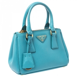 Pre Owned Prada Turquoise Saffiano Lux Leather Mini Double Zip Tote