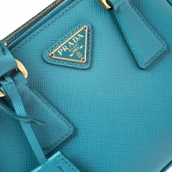 Pre Owned Prada Turquoise Saffiano Lux Leather Mini Double Zip Tote