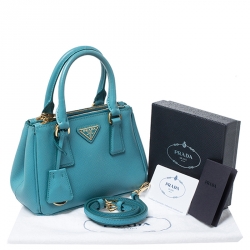 Pre Owned Prada Turquoise Saffiano Lux Leather Mini Double Zip Tote