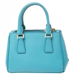 Pre Owned Prada Turquoise Saffiano Lux Leather Mini Double Zip Tote