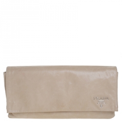 Pre Owned Prada Beige Lux Leather Flap Clutch
