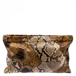 Pre Owned Prada Brown Python Oversized Clutch