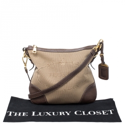 Pre Owned Prada Khaki/Brown Canvas and Leather Jacquard Logo Messenger Bag
