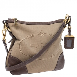 Pre Owned Prada Khaki/Brown Canvas and Leather Jacquard Logo Messenger Bag