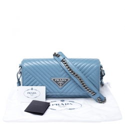 Pre Owned Prada Light Blue Diagramme Leather Impunture Flap Shoulder Bag