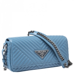Pre Owned Prada Light Blue Diagramme Leather Impunture Flap Shoulder Bag