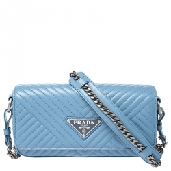 Pre Owned Prada Light Blue Diagramme Leather Impunture Flap Shoulder Bag