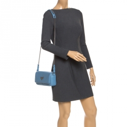 Pre Owned Prada Light Blue Diagramme Leather Impunture Flap Shoulder Bag