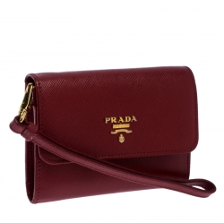Pre Owned Prada Red Leather Flap Wristlet Wallet