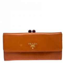 Pre Owned Prada Orange Leather  Kisslock Flap Continental Wallet