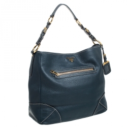 Pre Owned Prada Navy Blue Leather Front Zip Hobo