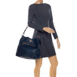 Pre Owned Prada Navy Blue Leather Front Zip Hobo