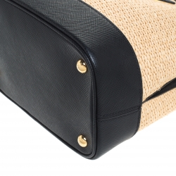 Pre Owned Prada Black/Beige Straw and Leather Medium Panier Top Handle Bag