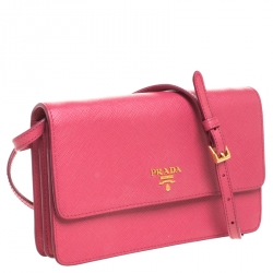 Pre Owned Prada Hot Pink Saffiano Leather Clutch Shouder Bag