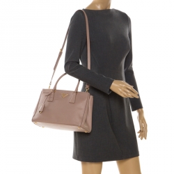 Pre Owned Prada Beige Saffiano Lux Leather Small Double Zip Tote